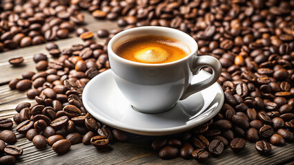Naklejka premium A cup of coffee on a saucer surrounded by roasted coffee beans on a wooden surface close up view