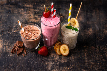 Milkshake from strawberry, banana and chocolate