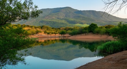 Reflective Lake Scene with Green Hills and Lush Trees Landscape Scenery Serenity Beautiful Nature