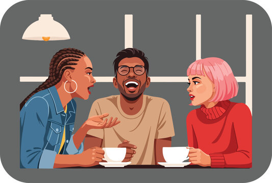 Three friends enjoying a lively conversation over coffee sharing laughter and animated expressions in a casual cafe setting