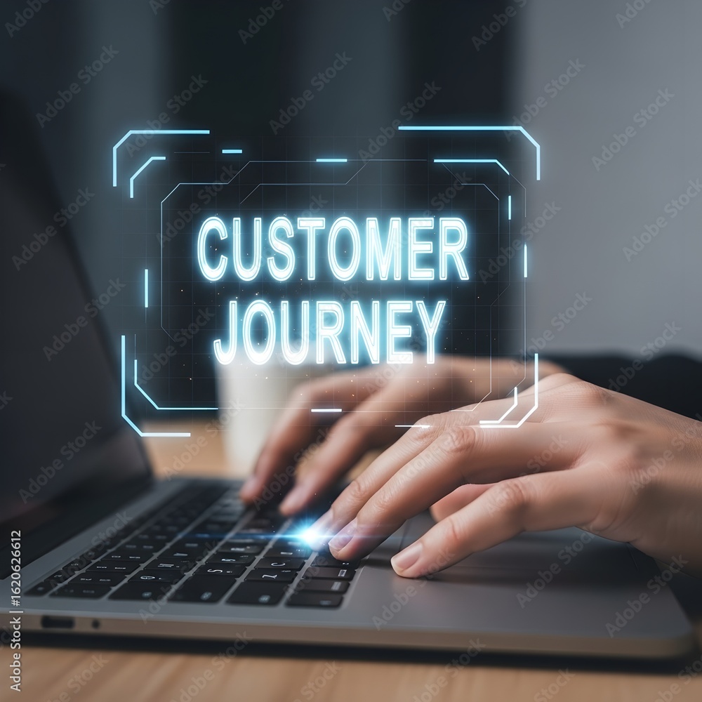 Poster hands typing on a laptop screen displaying the words customer journey in a futuristic interface