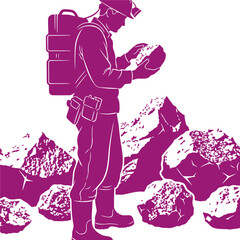 side profile of geologist carefully examining rough rocks isolated on transparent background