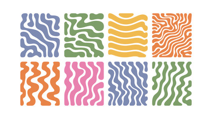 Obraz premium Collection of Eight Abstract Retro Wavy Pattern Tiles in Pastel Colors: Blue, Green, Yellow, Orange, and Pink on White Background