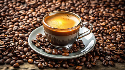 A clear cup of coffee on a saucer surrounded by roasted coffee beans on a wooden surface background
