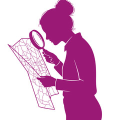 close-up of a woman carefully examining a detailed map with a magnifying glass, isolated on