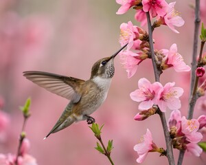Hummingbird Feeding on Pink Blossoms