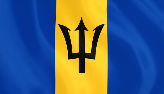 Barbados flag with vertical ultramarine-gold-ultramarine bands and central black trident head symbolizing independence and island identity.