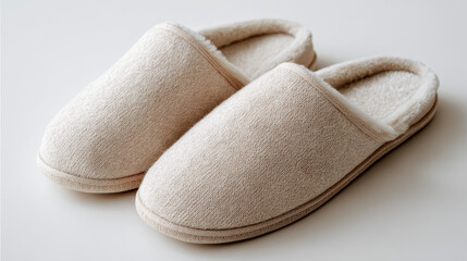 A soft beige pair of house slippers set against a plain white backdrop