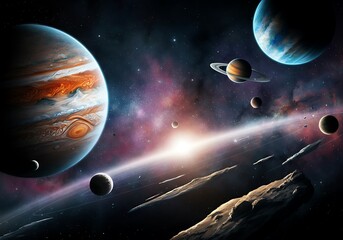 Spectacular view of space with planets asteroids and glowing nebula a cosmic landscape filled with celestial wonders and interstellar travel