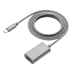 White usb type c charger with spiral cable for mobile phone and other electronic device isolated on transparent background
