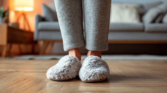 A woman standing comfortably at home in cozy slippers