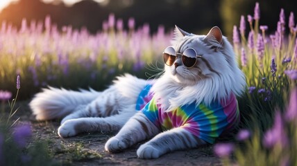 Chill kitty in lavender field