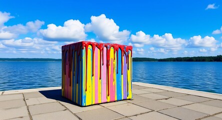 Colorful cube drips paint near serene water