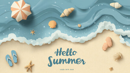 Beach-themed vector scene with elements like waves, umbrellas, flip-flops, and seashells, featuring a "Hello Summer" message