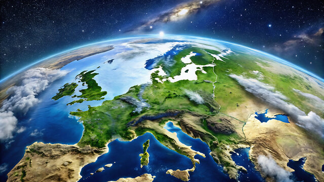 Earth view from space showing europe and the mediterranean sea with stars and a galaxy background