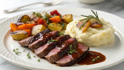Elegant Plate Featuring Sliced Beef with Dark Glaze Served Alongside Mashed Potatoes and Roasted Vegetables on White Surface in Bright Lighting