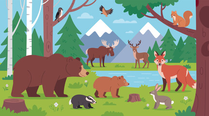 Fototapeta premium Vector illustration of wild animals in a scenic forest landscape with mountains