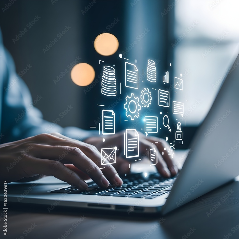 Poster hands typing on a laptop with digital icons representing data and information flowing upwards