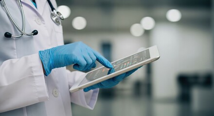 Close up of a doctor in a white coat and blue gloves using a digital tablet. Medical professional working with electronic health records in a hospital.
