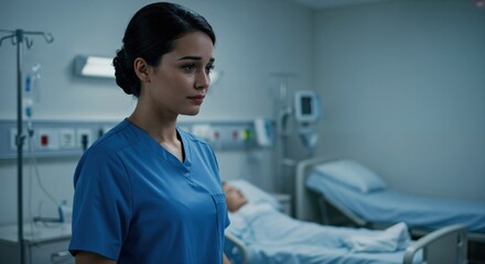 Concerned Female Nurse in a Hospital Room. Sad Young Doctor in Scrubs Watching Over a Patient During a Night Shift.