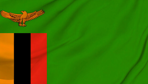 Zambia flag with green field, right-side vertical stripes of red-black-orange, and orange eagle in flight symbolizing freedom, resilience, and rich resources.