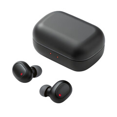 Wireless earbuds and charging case on a transparent background