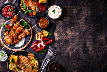 Assortment of grilled bbq meat and vegetables