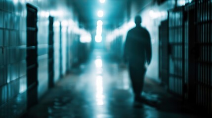 Blurred figure walking prison corridor