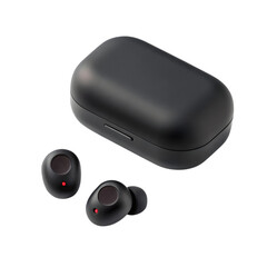 Wireless earbuds and charging case on a transparent background