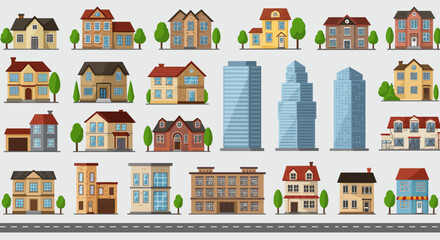 Collection of Classic Homes and Contemporary Skyscrapers &ndash; Urban Real Estate Vector Design
