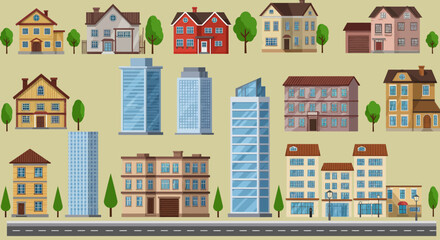 Cityscape Architecture Set with Residential Houses and Modern Buildings &ndash; Flat Design Illustration