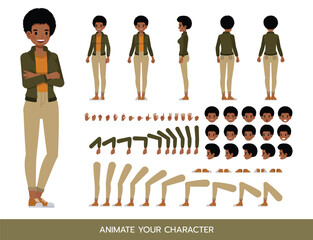 Businesswoman with afro hairstyle wearing green jacket character constructor. Flat design vector kit with poses and emotions for animation and explainer videos.