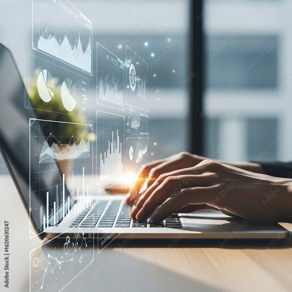 Poster hands typing on a laptop with glowing digital data visualizations and charts overlayed