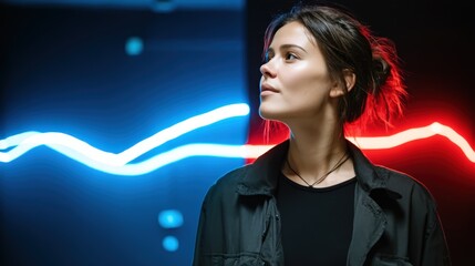 Young Woman's Pensive Gaze Illuminated by Vibrant Neon Lighting