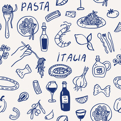 Seamless pattern with whimsical Italian food pasta background. Whimsy coastal mediterranean dinner table party summer sketch. Coquette vector print fabric illustration