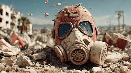 Abandoned gas mask in a desolate urban landscape after a disaster, with rubble and distant mountains