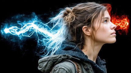 Split Personality: Woman's Profile with Blue/Red Electric Halves