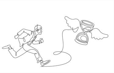 Single continuous line drawing businessman run chasing try to catch hourglass. Concept of stress, angry, burnout, deadlines, depression. Business metaphor. 