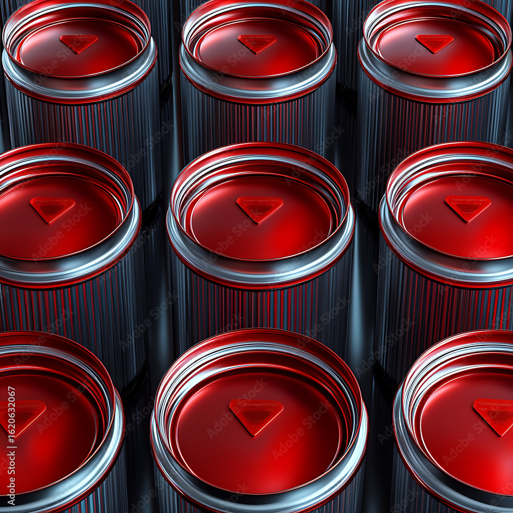 Poster shiny red cans arranged in grid pattern create visually striking composition. metallic surface refle