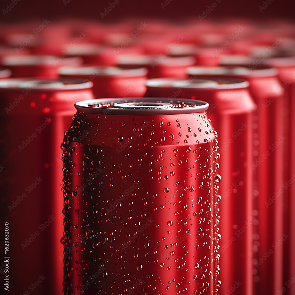 Poster close up view of red beverage can surrounded by multiple similar cans, showcasing droplets of water 