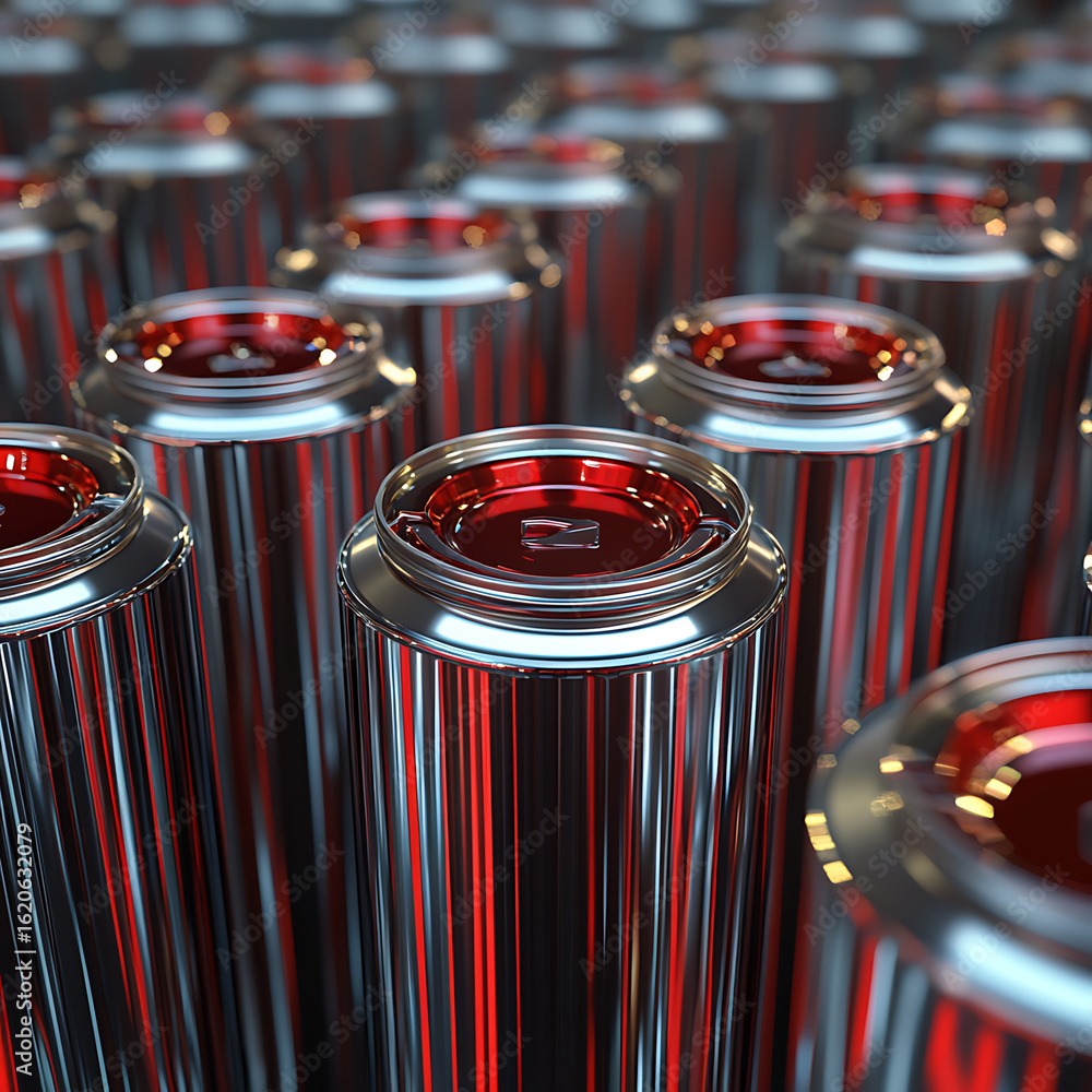 Poster shiny metallic cans with red tops are arranged closely together, creating visually striking pattern.