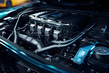 High-Performance Engine: Close-up of the powerful engine of a luxury sports car, highlighting its performance capabilities