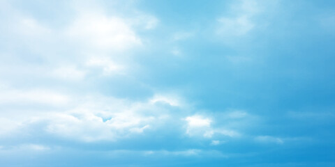 Cloudy blue summer storm  in the sky, watercolor background, horizontal view, beautiful cloudscape, fresh air, nature shining light, sunrise sky, panoramic view, daylight, vast fluffy tiny white sunsh