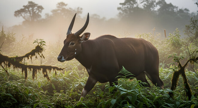 A dark brown banteng walks through lush green foliage in a misty forest environment, showcasing its powerful build and impressive horns.