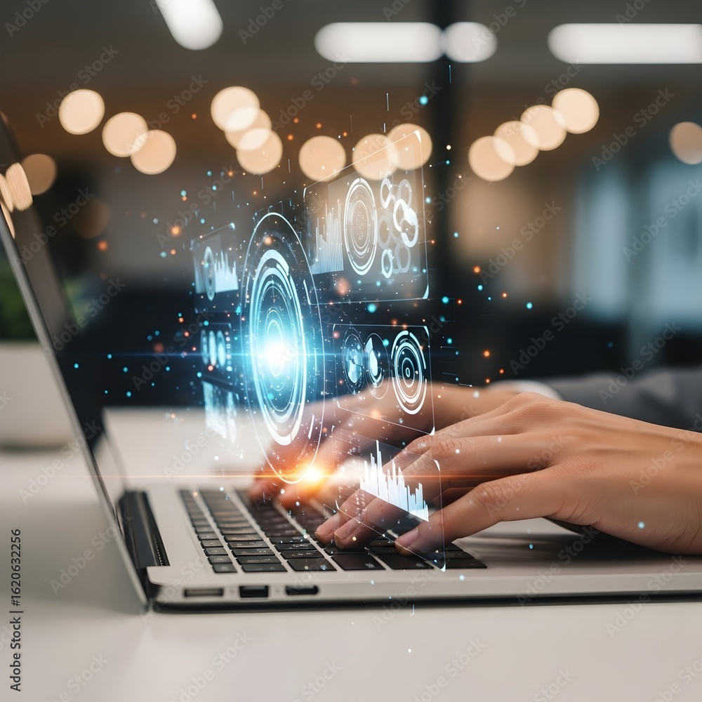 Poster hands typing on a laptop with a glowing digital security shield emanating from the screen