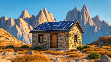 Eco friendly stone house with solar panels in rocky mountain landscape

