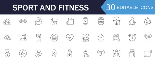 Sport and Fitness line Icon Set. Features icons of gym equipment, workout, diet, and medal. Perfect for fitness apps and sports websites.