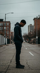 Young Black man standing alone in the middle of a city street. Contemplative African American man in a hoodie looking down on an overcast day.