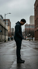 Contemplative young Black man standing alone in the middle of a wet city street. Solitary person in an urban environment on a gloomy day.