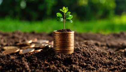 Small green plant sprouting from stacked gold coins in soil conveying the concept of financial growth, investment, sustainability and eco-economy